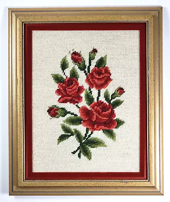 Vintage Finished Framed Needlepoint Madeira Portugal Tapestry Wool Roses Flowers • $21.60