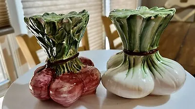 Vietri Italy Ceramic Bunched Beet Radish & Onion Leafy Green Candleholders • $35