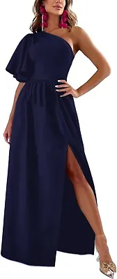 Women One Shoulder Knit Dress Size 2XL Ruffle Short Sleeve Split Prom Maxi Navy • £26.48