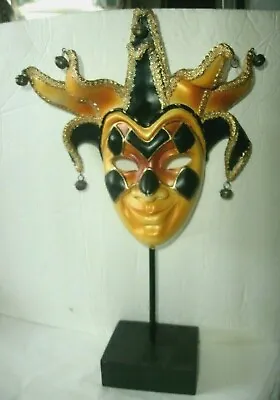 Carnival Court Jester Mask On Stand 13  Standing Gold/black Bells • $18