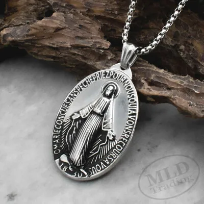 Extra Large 1-3/4  Stainless Steel Virgin Mary Miraculous Medal Pendant Necklace • $14.99