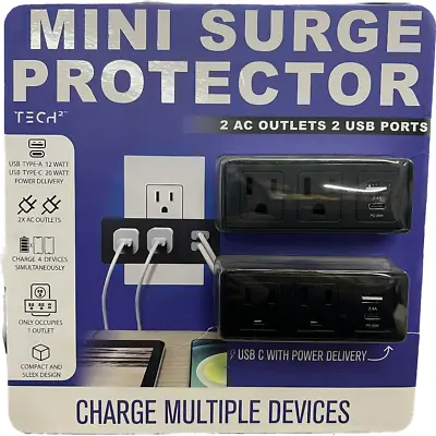 Tech2 Mini Surge Protector 2 A/C Outlets And 2 USB Ports 2pk • $12.99