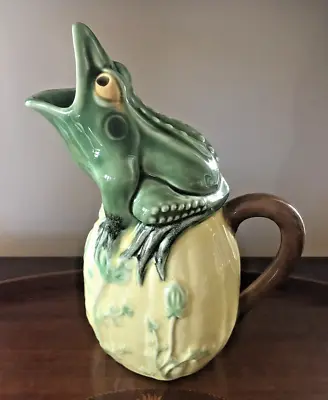 Frog Pitcher Majolica Sur La Table Portugal Green Yellow Brown Vintage 10-1/2  • $75
