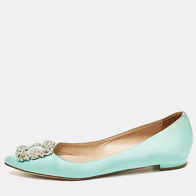 Manolo Blahnik Turquoise Satin Hangisi Ballet Flats Size 37 • $366.45