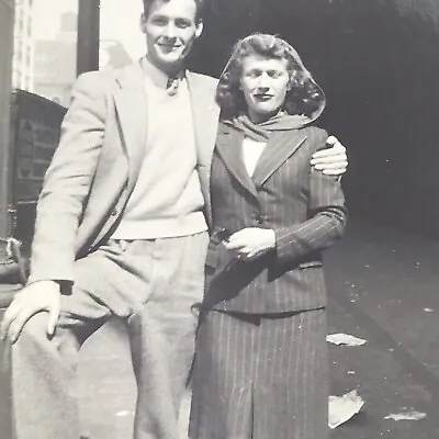 Vintage Black And White Photo Man Woman City Sidewalk No Parking Sign Hugging • $6.69