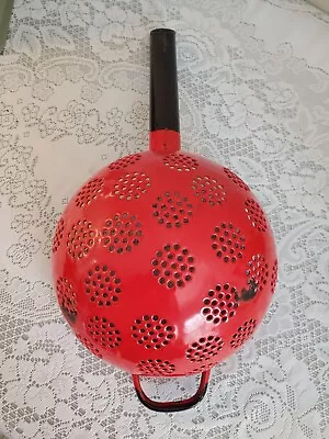 Rare! 1960's Vintage Red  Enamelware Colander / Strainer Poland Long Handle • $24.95