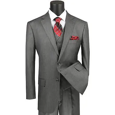 VINCI Men's Medium Gray Pinstripe 3 Piece 2 Button Classic Fit Suit - NEW • $130