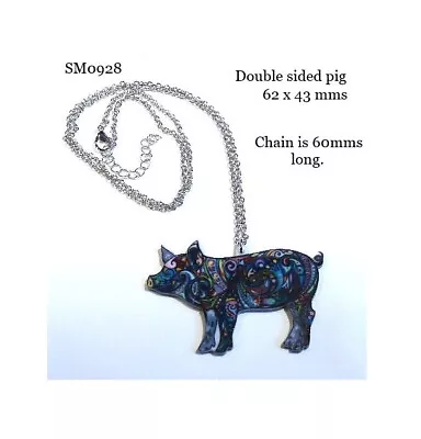 LASER CUT ACRYLIC NECKLACE - HIGHLY PATTERNED PIG - 62 X 43 Mms........CG0928 • £7