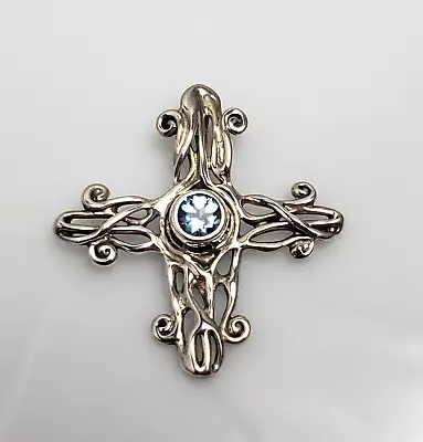 Hagit Gorali Israel Sterling Silver Aquamarine Swirl Scroll Cross Pendant • $59.95