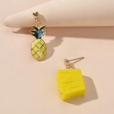 Creative Enamel Yellow Resin Pineapple Asymmetric Fruit Pierced Earrings Gift • $1.99