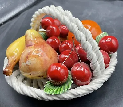 VINTAGE ITALY CERAMIC WOVEN FRUIT BASKET W/ FRUIT WIRE STEMS On CHERRIES • $18.95