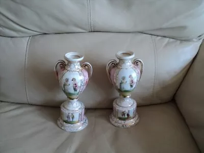 A Pair Of Antique Victoria Carlsbad Floral Double Handled Small Vases • £28