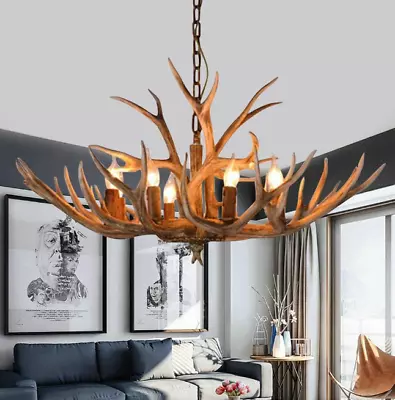 Deer Antler Chandelier 6 Light Moose Lodge Cabin Country Style Ceiling Lighting • $199.89