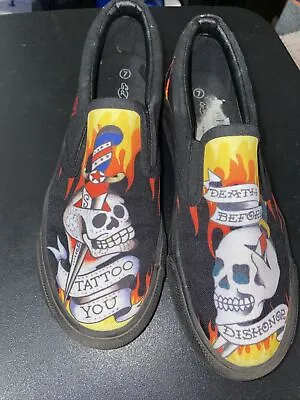 Ed Hardy Tattoo Poppy Slip On Sneakers Skull Flames Black Size 7 • $22.47
