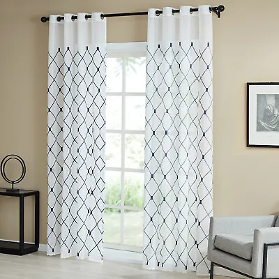 2PC Geometric Embroidery Voile Sheer Bedroom Curtain With Eyelet • £22.99