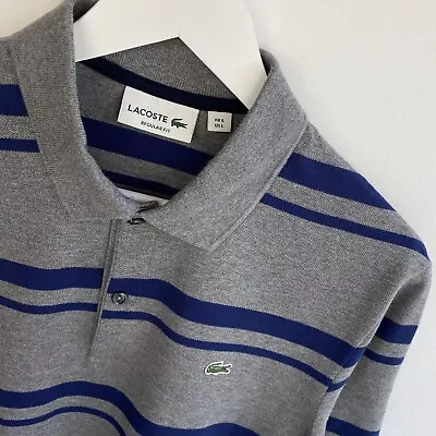 Lacoste Polo Shirt Size Large L  Mens Grey Striped Regular Fit Short Sleeve Polo • £39.95