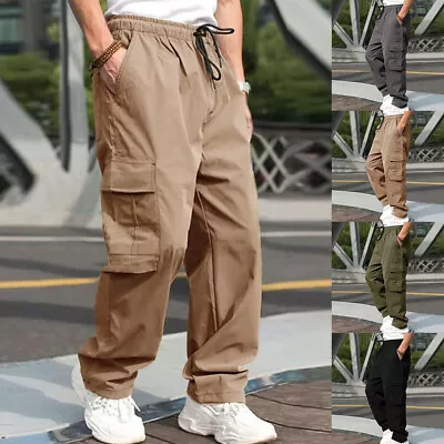 Mens Cargo Pants Joggers Wide Leg Elasticated Waist Combat Work Casual Trousers • $24.89