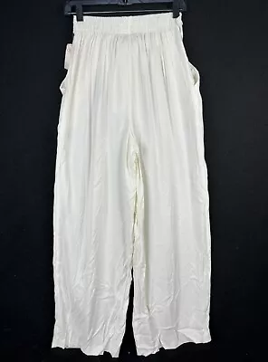 Vintage 80s MJ Carroll Pants M High Rise Ivory Rayon Tie Waist Pleated Slacks • $24.99