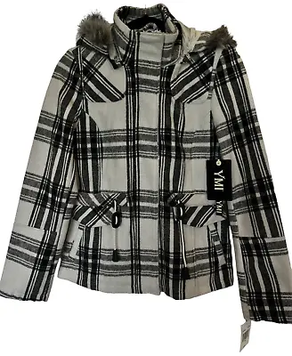 YMI Jacket Womens Faux Fur Detachable Hood Black White Plaid Sz Small • $25