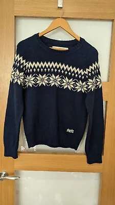 Superdry Boys Large Vintage Nordic Knit Navy Blue White Snowflake Wool Jumper • £14.99