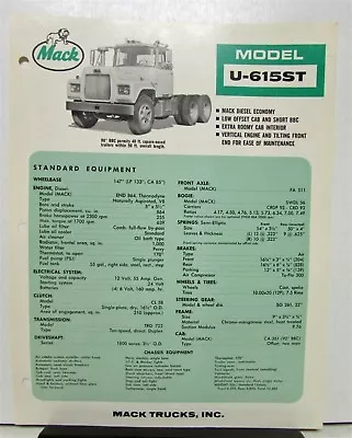 1965 Mack Truck Model U 615ST Specification Sheet. • $12.70