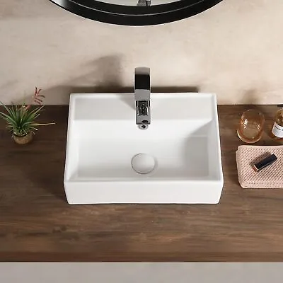 Wall Mount Bathroom Sink - HOROW Porcelain Ceramic Modern White Rectangle  • $58.49