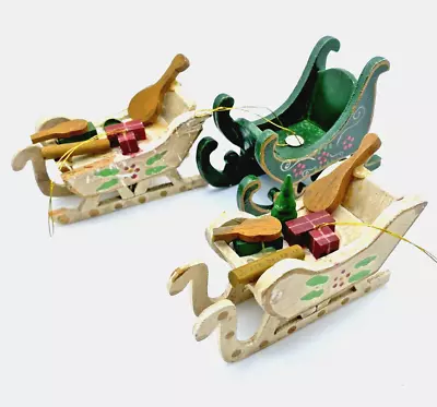 Lot Of 3 Vintage Miniature Wooden Sleds Christmas Tree Ornaments 4  Long LOOK • $13.15