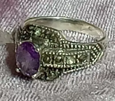 BEAUTIFUL VTG Sterling Silver AMETHYST & Marcasite Ring Size 8 • $16