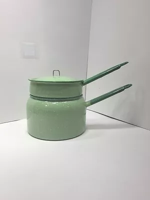 Vintage Enamelware Double Boiler & Lid Green With White Speckles  • $39.99