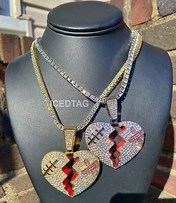 Iced Bling Out Jumbo Banded Heart Pendant Tennis Chain Celebrity CZ Diamond Men • $14.99