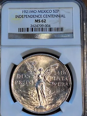 1921 Mexico 2 Pesos Silver Winged Angel Independence  NGC MS62  • $1800