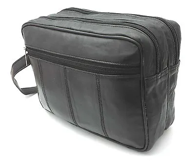  New Mens Soft Leather Toiletry Travel Wash Bag Travel Kit Overnight Gift • £9.16
