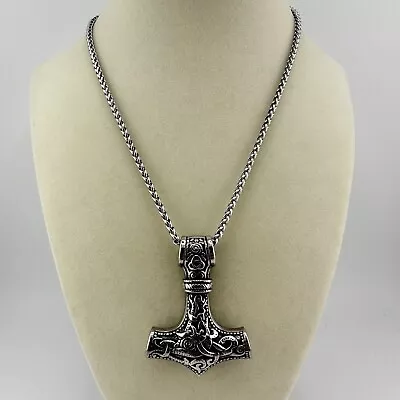 24” Silver Tone Stainless Steel Thor’s Hammer Scandinavian Nordic Necklace • $10