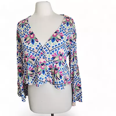 ZARA Blouse Women's Large Top Floral Print Peplum V-Neck Bell Sleeve Cropped NWT • $17