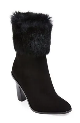 Via Spiga Women's Maddyn Genuine Rabbit Fur Trim Suede Ankle Boot Black Size 8 M • $239.99