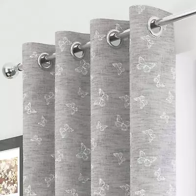 Silver Butterfly Eyelet Linen Effect Voile Curtain Panel Ring Top Sheer Curtains • £18