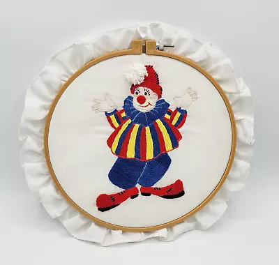 Vintage Hand Made Embroidered Clown Picture Art Wall Hanging Framed In Hoop • $49.99