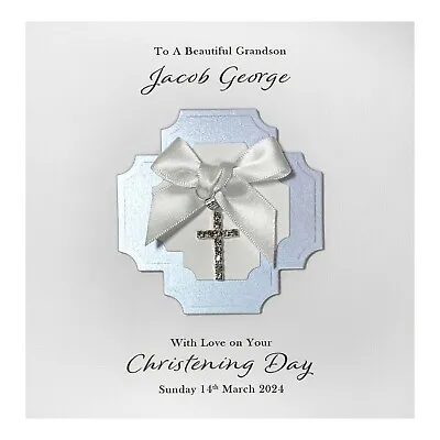 £6.85 • Buy Handmade PERSONALISED Christening Card - Diamanté Cross Charm Boy