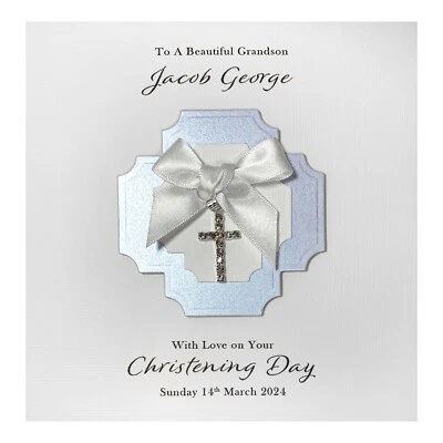 £6.85 • Buy Handmade PERSONALISED Christening Card - Diamanté Cross Charm Boy