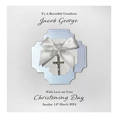 Handmade PERSONALISED Christening Card - Diamanté Cross Charm Boy • £8.85