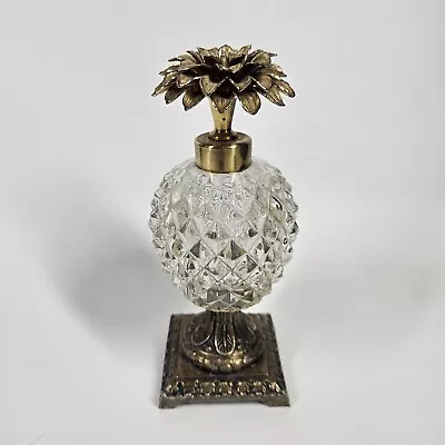 Brass & Glass Pineapple Perfume Atomizer Sprayer Bottle Vintage W/Floral Top • $29.99