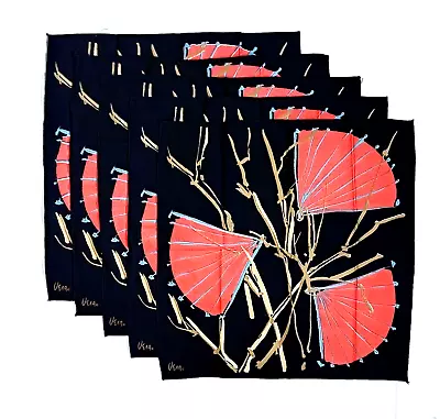 VTG Vera Neumann Napkins 5 Asian Bamboo Fans Black Coral Gold Dining Decor • $36