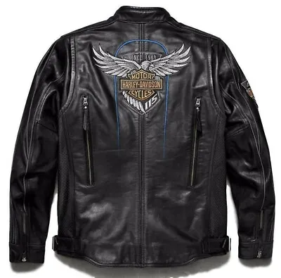 Mens Motorcycle Harley Davidson Vented Genuine Leather Snap Tab Collar Jacket • $169.99