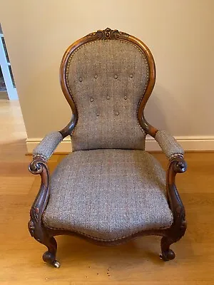 £950 • Buy Antique Armchair, English, Walnut, Chair , Victorian, Harris Tweed Upholstery