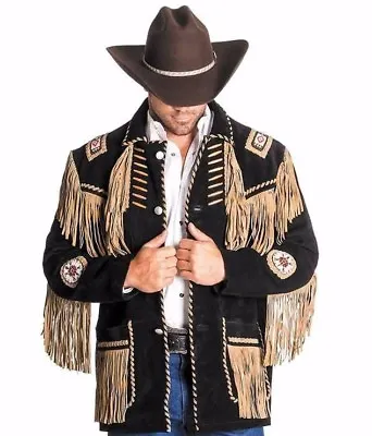 Men's Traditional Western Cowboy Leather Jacket Coat With Fringe Bone And Beads  • $119.99