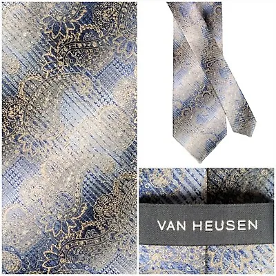 Van Heusen Tie Men Blue Gray Gold Paisley Floral Silk Poly Necktie Classic Woven • $14.99