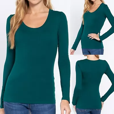 Womens Scoop Neck Cotton Stretch Long Sleeve T-Shirt Plain Fitted Slim Layering • $7.99