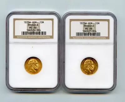 2 Pc. 1873-a Germany Prussia Ngc Ms66 Gold 10 Mark Coins!!!   760.00!!! • $760