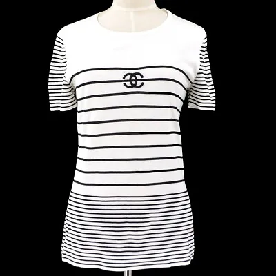 Chanel #40 Striped Round Neck Short Sleeve Knit T-shirt Tops White Cotton 79779 • £617.69