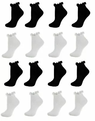 £4.98 • Buy 3,6 Pairs Black White Girls Frilly Lace Ankle TRAINER Socks Size Age 2-12 Years